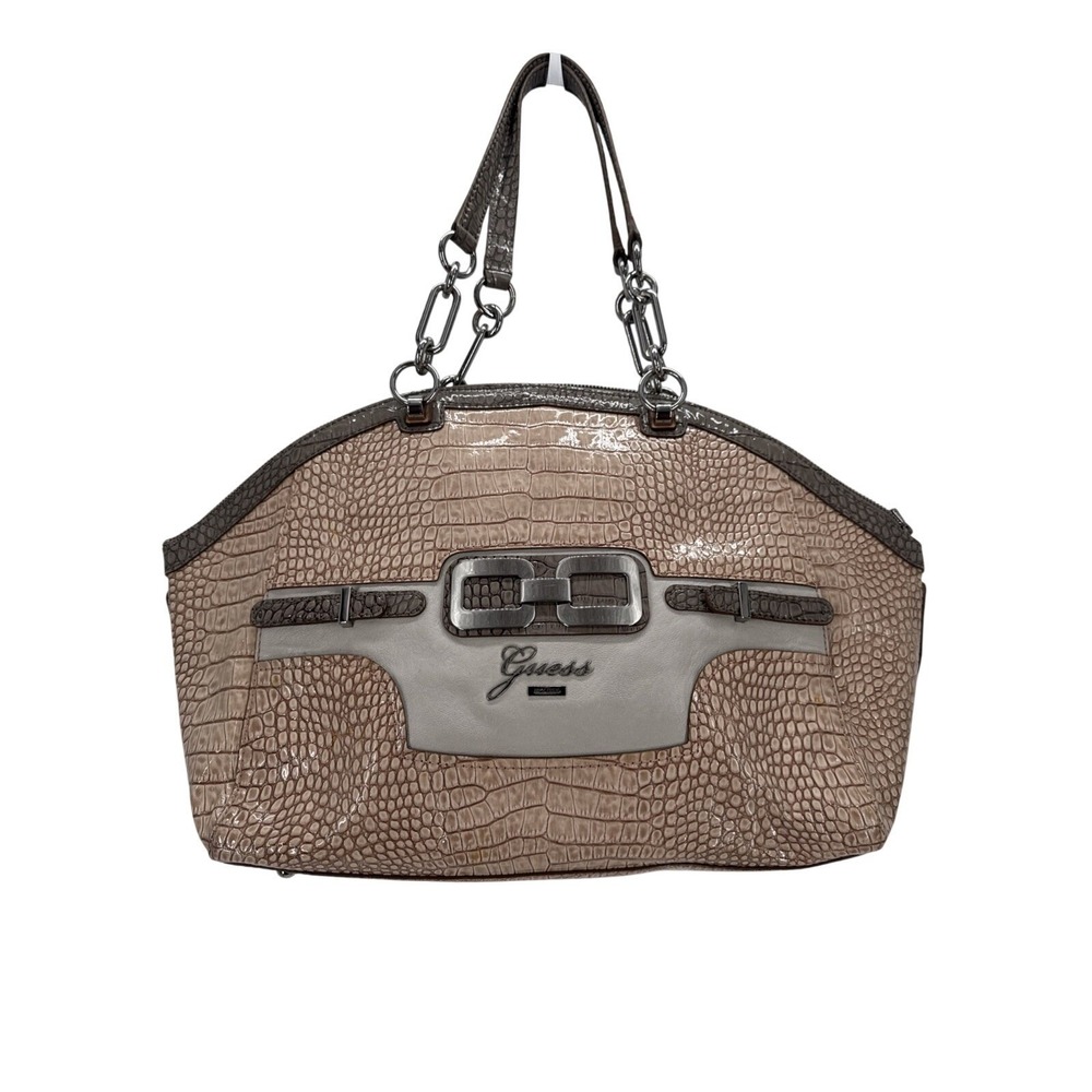 Guess Women Faux Croc Embossed Satchel Handbag Tan Beige Y2K Glam Zebra Print